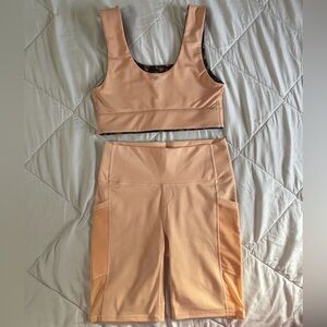 Fabletics Nude Peach Reversible Top & Biker Shorts Set | MSRP $120